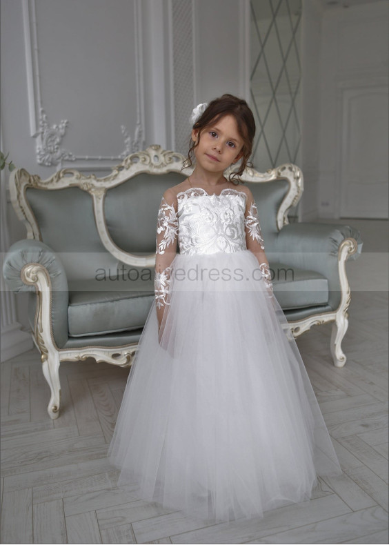 Sheer Long Sleeve White Lace Tulle Flower Girl Dress